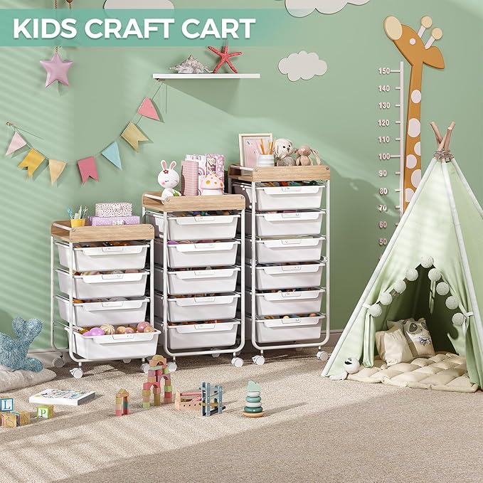 Utility Cart with Drawers,Craft Cart with 5 Drawers,Art Supply Organizer,Rolling Drawer Cart,Craft Storage Cart,Storage Drawer Carts With DIY Lable and Wooden Tabletop Area,White