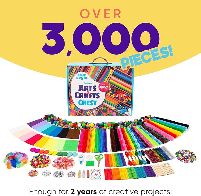 Blue Squid 3000+ pcs Arts and Crafts Supplies for Kids | Craft Kit Box for Kids Age 4-5, 4-8, 6-8, 8-12 | Craft Supplies & Materials Crafts Set Toys Art Box Gifts for Girls Boys Bulk Art Kit