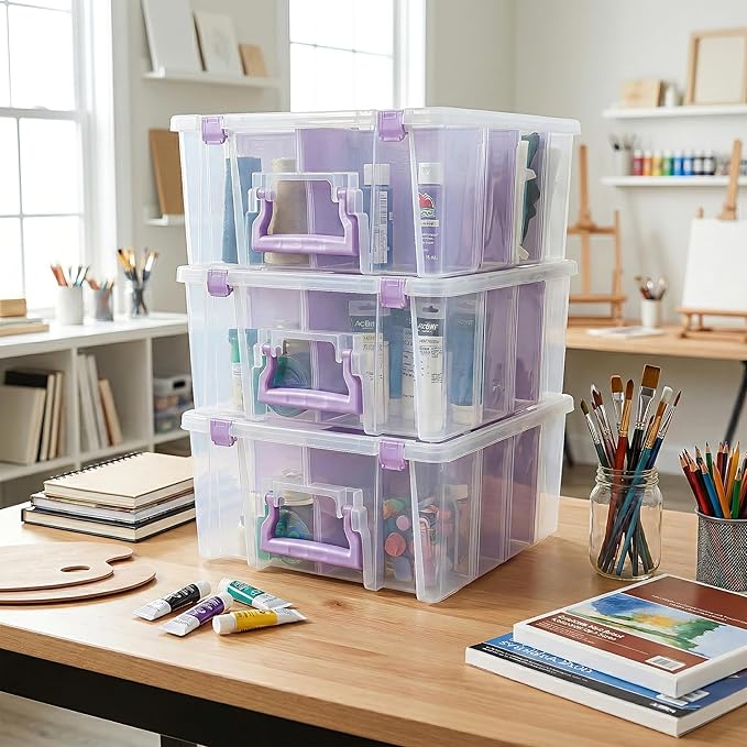 ArtBin Super Satchel Double Deep Compartment Box with Purple Accents in a 3 Pack - Art Storage with 8 Removable Compartments, Smart Closure for Craft Supplies (Purple - Pack of 3)