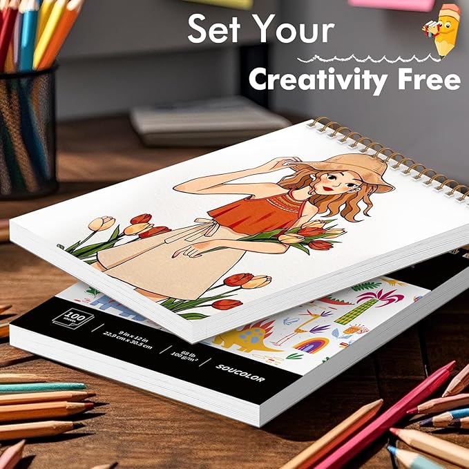 Soucolor 9" x 12" Sketch Book, 100 Sheets Spiral Bound Art Sketchbook, Acid Free Artist Drawing Book Paper,Sketch Book for Kids, Craft Activities, Sketch Paper for Drawing Coloring Sketching