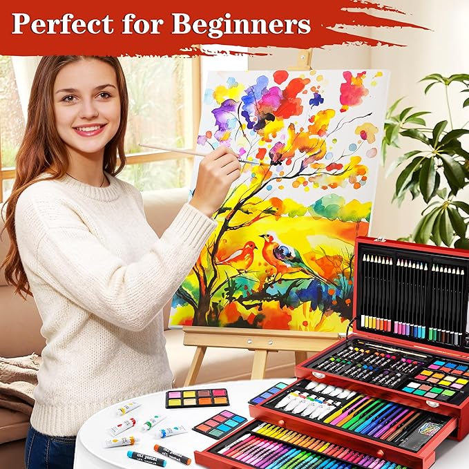 POPYOLA Art Supplies, 269 Piece Deluxe Art Set with 6 Drawing Pads, Watercolor Paints, Crayons, Colored Pencils Set in Wooden Case, Creative Gifts for Adults Artists Beginners