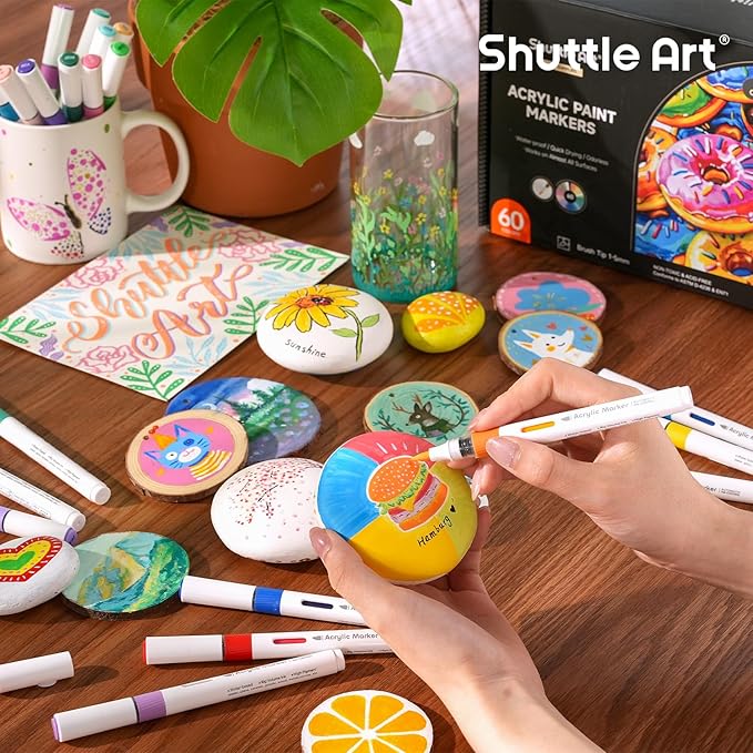 Shuttle Art Automatic Ink Control Acrylic Paint Markers, 60 Colors Brush Tip Acrylic Paint Pens for Rock Painting, Ceramic, Wood, Canvas, Glass, Stone, Fabric, Card Making, DIY Supplies, FlipFunAlong