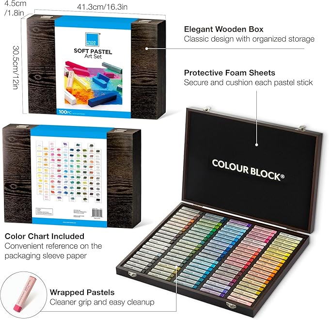 COLOUR BLOCK Soft Pastels for Artists - 100 Colors Square Chalk Pastels Set in Wooden Box - Vibrant Pigments Art Kit for Painting, Drawing, Sketching, Hobbyists.