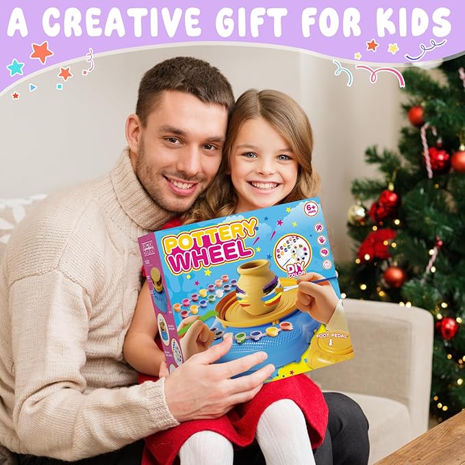 Pottery Wheel for Kids Complete DIY Pottery Painting Kit, Arts and Crafts for Kids Ages 8-12 with 3 Air-Dry Clay Packs and Tools, Art Supplies Toys Birthday Easter Gift for Boys Girls 6+ Years Old