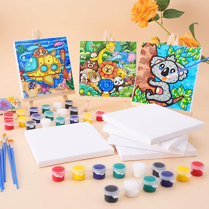 ESRICH 16 Set Mini Acrylic Paint Kit, 5in Mini Stretched Canvas with 7.5in Easel, Acrylic Paint Strips, Paint Palettes, Painting Brushes, Small Canvas and Easel Set for Kids Artists Beginner, Gift