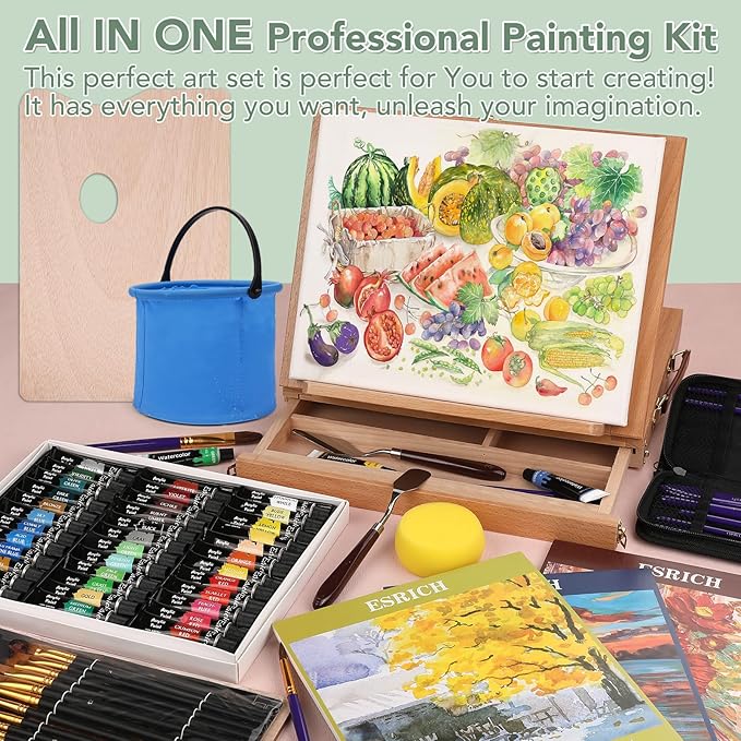 ESRICH 141PCS Deluxe Artist Painting Set, Painting Supplies with 84 Paint(Oil, Watercolor，Acrylic Paint) Metal and Wooden Easels, Canvas, Paper Pads, Paintbrushes etc. for Adults, Kids, Artists