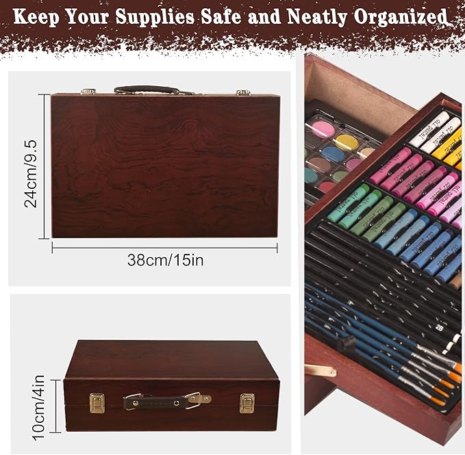KINSPORY 168 Pack Wooden Art Set, Deluxe Painting Drawing Kit, 3 Coloring Books, Oil Pastels, Watercolor Paints, Art Crafts Supplies, Creative Gift Set for Beginners, Kids, Boys, Girls & Artists (Red)