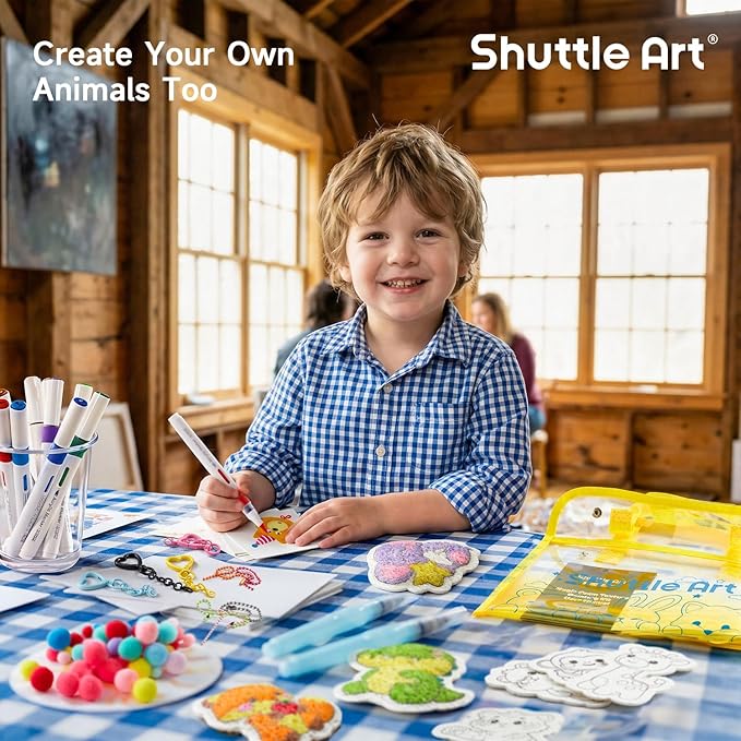 Shuttle Art 63 Pcs Magic Foam Texture Painting Kit – Animal Series: 15 Animal Foam Pieces, Coloring Book with 15 Scenes, 12 Acrylic Paint Markers, Magical 3D Effect DIY Art Craft