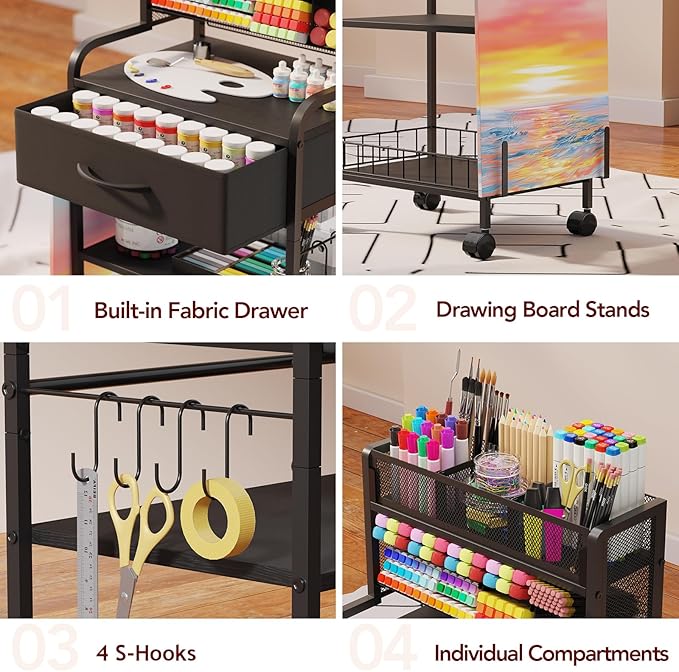 Homsorout Art cart, 3 Tier Rolling Cart - Utility Cart with Storage Drawer and Wheels, Versatile Art & Craft Organizer for Home, Office, or Studio Ideal for Storing Brushes, Paints (Black)