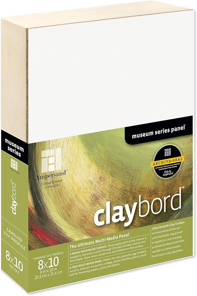 Ampersand Art Supply Claybord | 8" x 10" | 1-1/2" Cradled Profile | Kaolin Clay Painting Panel for Acrylic, Ink, Watercolor & Mixed Media | Canvas & Paper Alternative