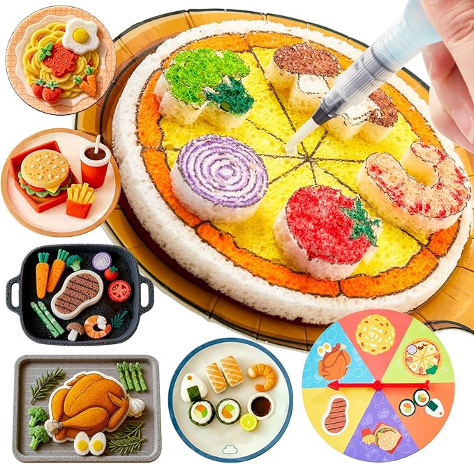 Shuttle Art 104 Pcs Magic Foam Texture Painting Kit – Food Series: 34 Food Foam Pieces, Paper Plates, Forks & Knives, 12 Acrylic Paint Markers, Magical 3D Effect DIY Art Craft for Kids Ages 3-12