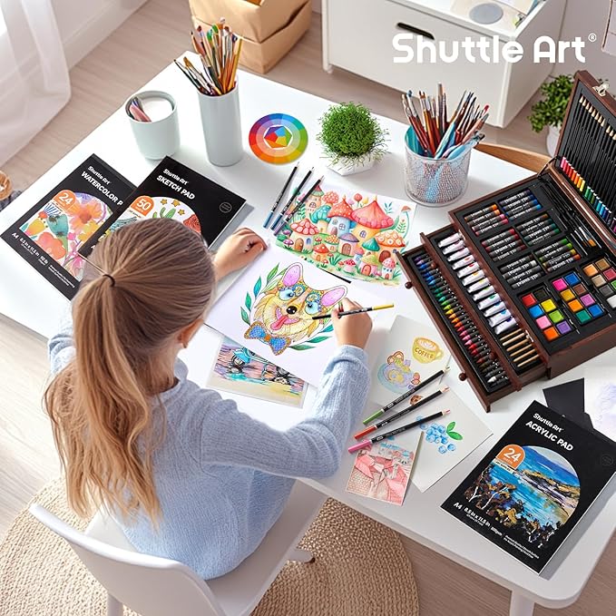 Shuttle Art Deluxe Gift Art Kit, 202-Piece Wooden Art Supplies Set with 4 Drawing Pads, Canvases, Coloring Sheets, Acrylic Paint, Crayons, Oil Pastels, Colored Pencils for Kids