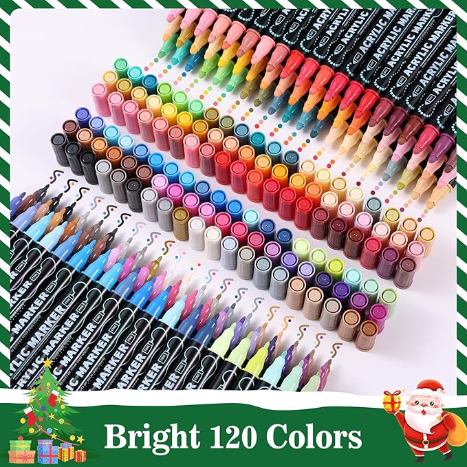 nauets 120 Colors Waterproof Dual Tip Acrylic Paint Pens, Dot & Fine Tip Premium Coloring Drawing Markers Set for Wood, Rock, Canvas, Glass, Ceramic Surfaces and DIY Crafts Making Art Supplies