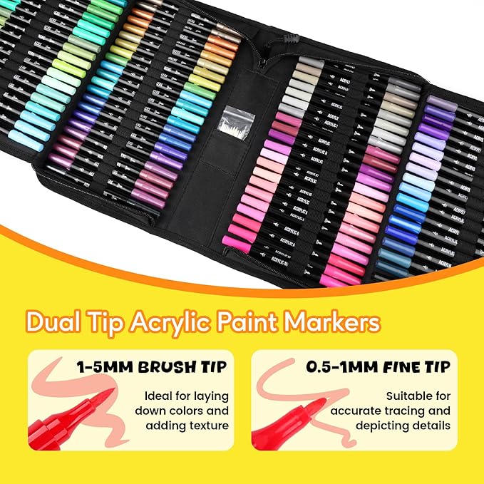 120 Colors Acrylic Paint Markers, Dual Tip Fine and Brush Tips Pens Contain 24 Metallic Color for Stone, Wood, Calligraphy, Canvas, Ceramic, Metal, Glass, Rock Painting, DIY Crafts Art Supplies Kit