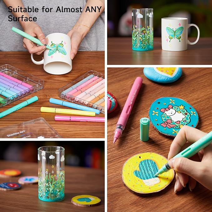 Shuttle Art Automatic Ink Control Acrylic Paint Markers, 24 Pastel Colors Brush Tip Acrylic Paint Pens for Rock Painting, Ceramic, Wood, Canvas, Glass, Stone, Fabric, Card Making, DIY & Art Supplies