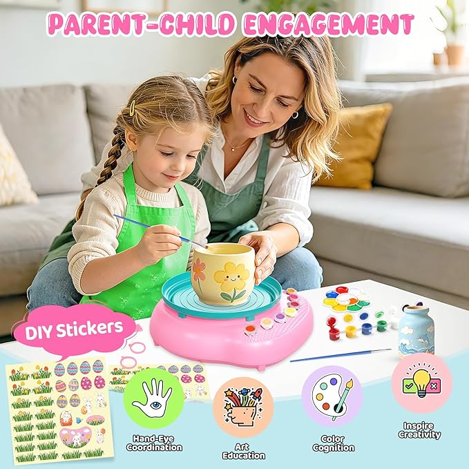 Easter Pottery Wheel for Kids Complete DIY Pottery Painting Kit, Arts and Crafts for Kids Ages 8-12 with 3 Air-Dry Clay Packs and Tools, Art Supplies Toys Birthday Gift for Boys Girls 6+ Years Old