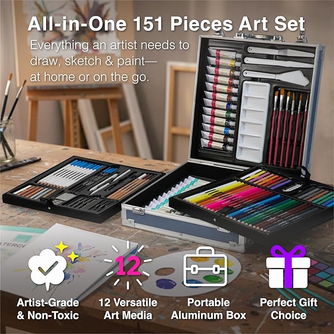 COLOUR BLOCK 151-Piece Professional Art Supply Set with Mixed Media, Paint Kit & Brushes in Aluminum Case, Complete Art Supplies for Adults, All Level Artists, Travel Art Set