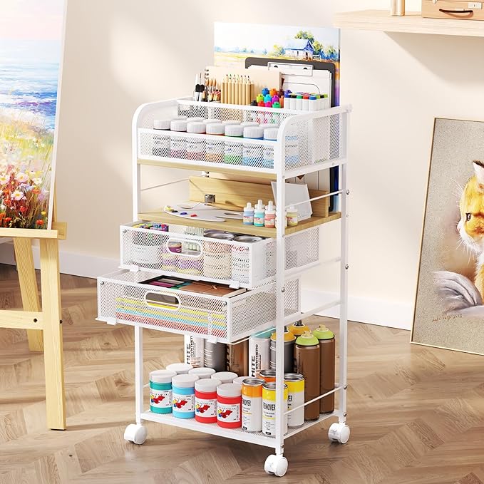 Homsorout Art cart, 5 Tier Rolling Cart - Utility Cart with Storage Drawer and Wheels, Versatile Art & Craft Organizer for Home, Office, or Studio Ideal for Storing Brushes, Paints （Maple）