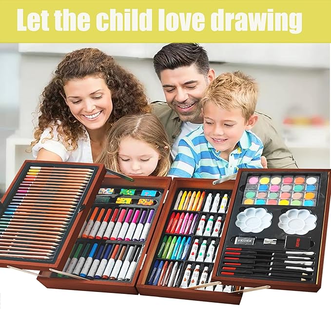 KINSPORY Art Sets, 139 Pack Painting Drawing Art Supplies Kit with 2 Sketch Pads, Deluxe Double Layers Crafts, Colored Pencils, Oil Pastels, Watercolor Paints, Gift for Artists Kids (Brown)