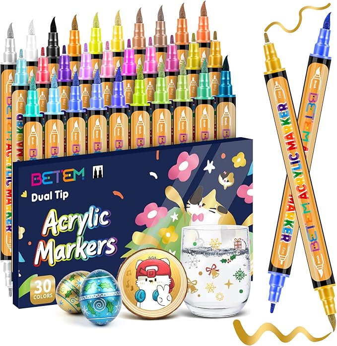 Betem Dual Tip Acrylic Paint Pens, 30 Metallic Paint Markers for Glass, Window, Fabric, Wood, Rock, Canvas, Acrylic Markers with Fine & Brush Tip, Art & Craft Supplies, Teacher Appreciation Gift