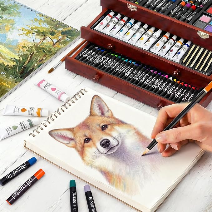 TMOL Art Supplies, 175-Pack Deluxe Art Set Drawing Painting Kit with 2 Drawing Pads, Acrylic Paints, Colored Pencils, Crayons, Art Kit in Wooden Case, Gift for Artist, Adults, Teens and Kids