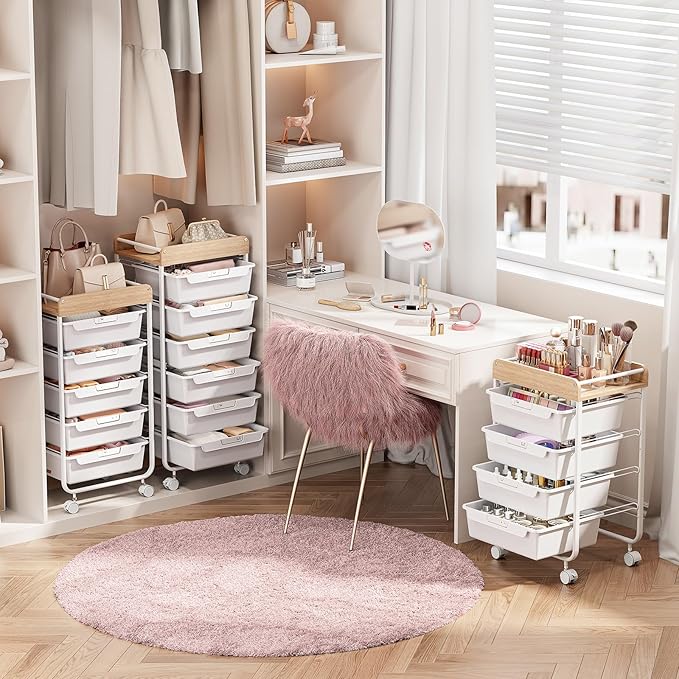 SYKIARIOL Rolling Cart with 6 Drawers,Utility Storage Cart with Drawers,Art Craft Organizers and Storage,Makeup Organizer with Wooden Tabletop,White