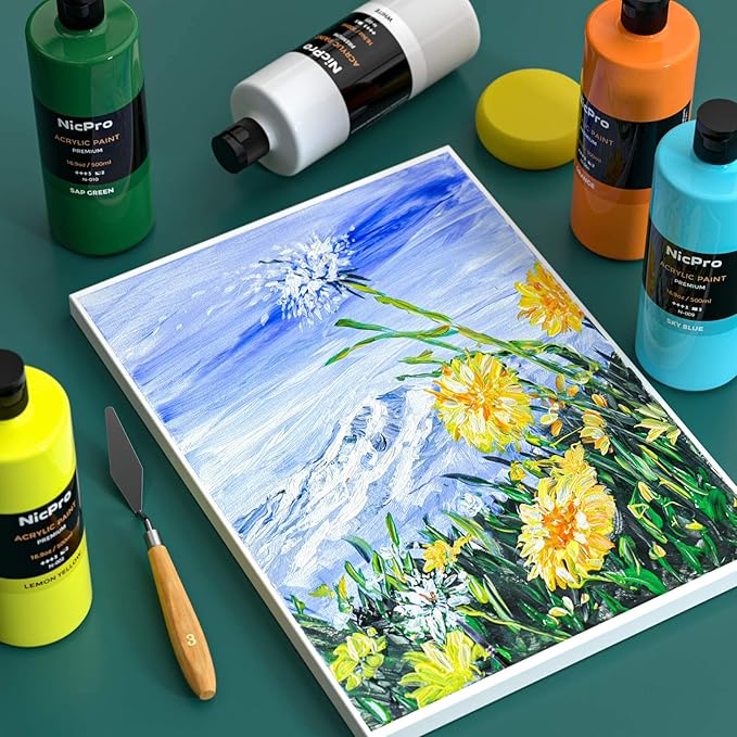 Nicpro 14 Colors Large Bulk Acrylic Paint Set (16.9 oz,500 ml) Rich Art Painting Supplies, Non Toxic for Multi Surface Rock Canvas Wood Ceramic Leather Fabric Craft, for Adult with Color Wheel