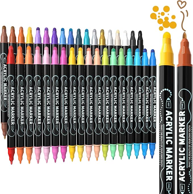 36 Colors Dual Tip Acrylic Paint Markers, Premium Dot & Fine Tip Coloring Paint Pens for Rock, Wood, Fabric, Canvas, Glass, Paper, Ceramic, Scrapbook, Vision Board and DIY Crafts Supplies Art Gifts