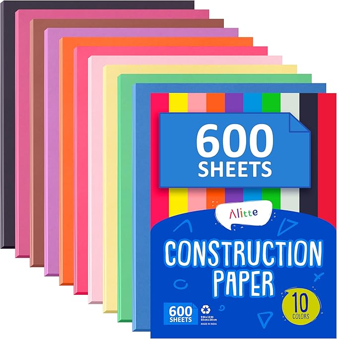 Alitte Construction Paper Assorted Colors - (600 Sheets, 9x12), Craft Paper, 10 Bright Colors - Bulk Pack Arts & Crafts Projects - Colored Paper for Preschool, Home, and Classroom Supplies