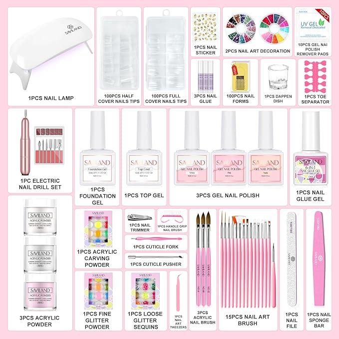 SAVILAND Acrylic Nail Kit with Drill: Professional Nails Kit Acrylic Set with Everything U V Light Nail Art Brush Glitter Powder Nail Stuff for Home DIY Salon Use Christmas Gift Set
