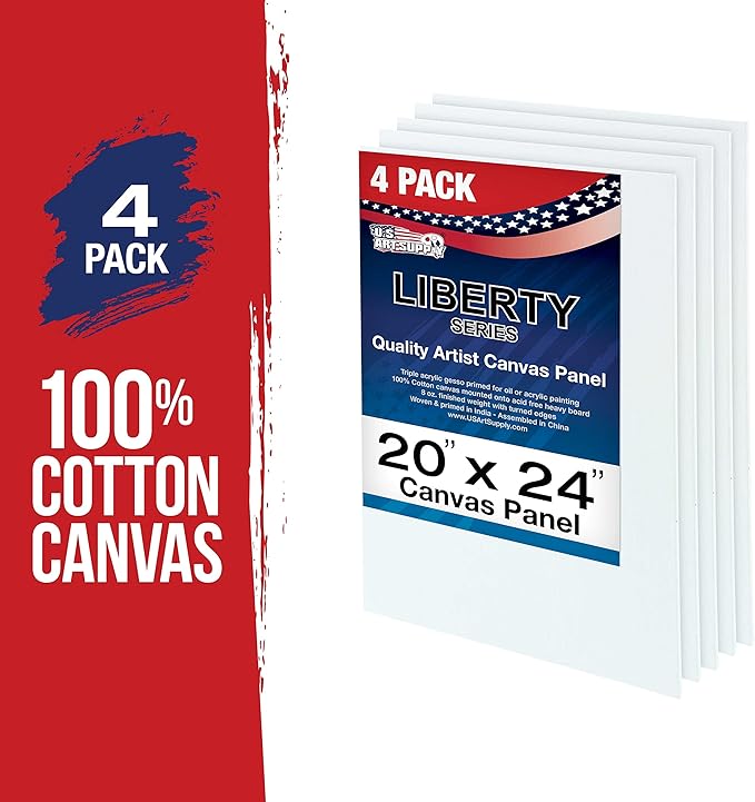 U.S. Art Supply 20 X 24 Inch Art Canvas Board Panels 4 Pack - 8 Ounce Heavyweight Cotton Acid Free Canvases for Painting Acrylics and Watercolor (1 Case of 4 Single Canvas Painting Panels)