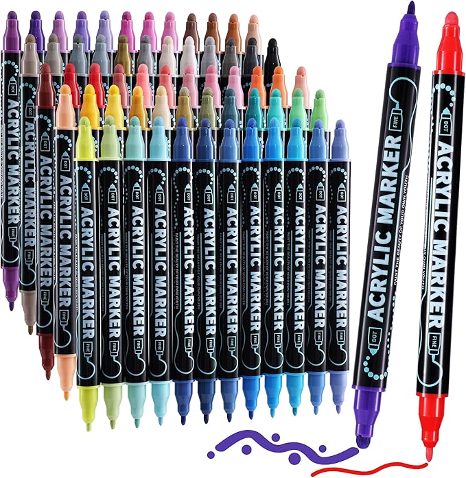 60 Colors Dual Tip Acrylic Paint Markers, Premium Dot & Fine Tip Coloring Paint Pens for Rock, Wood, Fabric, Canvas, Glass, Paper, Ceramic, Scrapbook, Vision Board and DIY Crafts Supplies Art Gifts