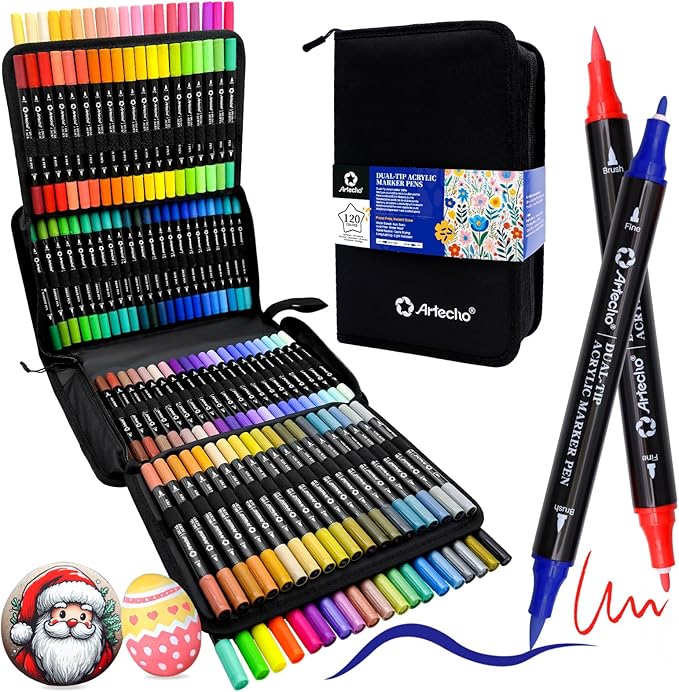 Artecho Acrylic Paint Markers 120 Colors with Bag, Acrylic Paint Pens with Brush Tip and Fine Tip for Stone, Rock Painting, Paper, Pumpkin, Wood, Egg, Canvas, Ceramic, Fabric, leather, Glass