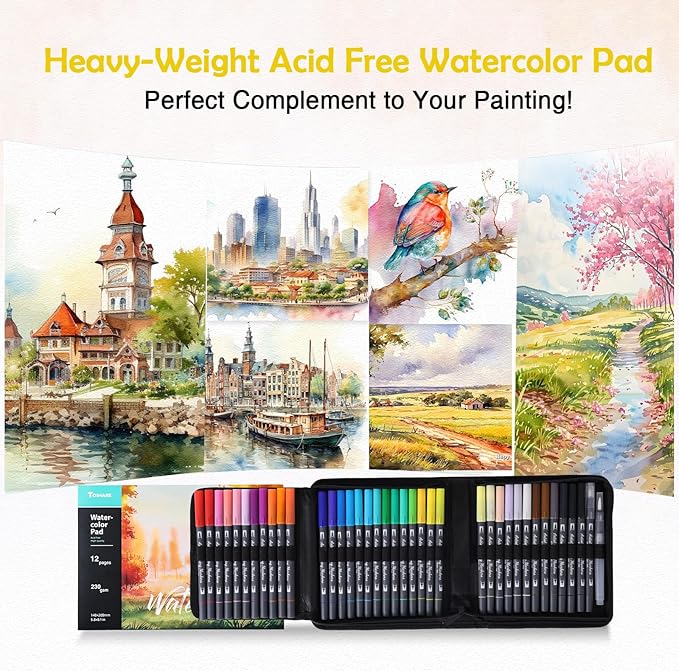Watercolor Pens Set, 36-Color Dual Tip Professional Watercolor Markers for Adults, Water-Based Coloring Markers with 1 Aquapen, 1 Colorless Blender, 1 Black Marker, and 12-Page Pad, Art Supplies