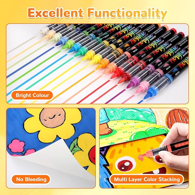 48 Colors Acrylic Paint Markers Brush Tip, Automatic Ink Control Acrylic Paint Pens Waterproof Acrylic Markers Set for Holiday Decorations, Stone, Wood, Glass, DIY & Art Supplies