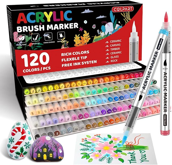 120 Colors Acrylic Paint Markers, Soft Brush Tip Paint Pens and Paint Markers, Acrylic Paint Pens Easter Deco, Halloween Decor,Stone, Canvas,Easter Eggs, Rock Painting and DIY Crafts Art Supplies