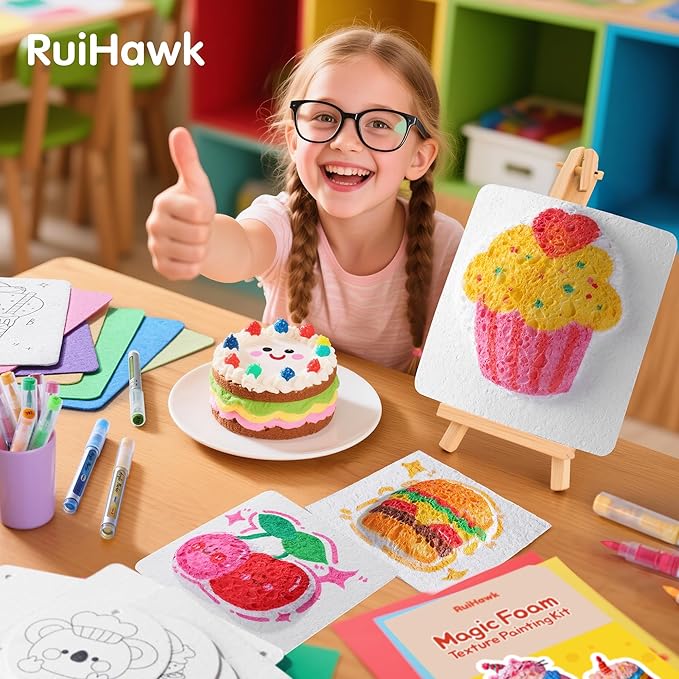 RuiHawk Magic Foam Texture Painting Kit for Kids, 75 Pcs 3D Puff Paint Art Supplies with 24 Auto-Flow Markers, 38 Texture Sheets & 10 Bead Necklace, Puffy Paint Kit Creative Gift for Ages 5-10