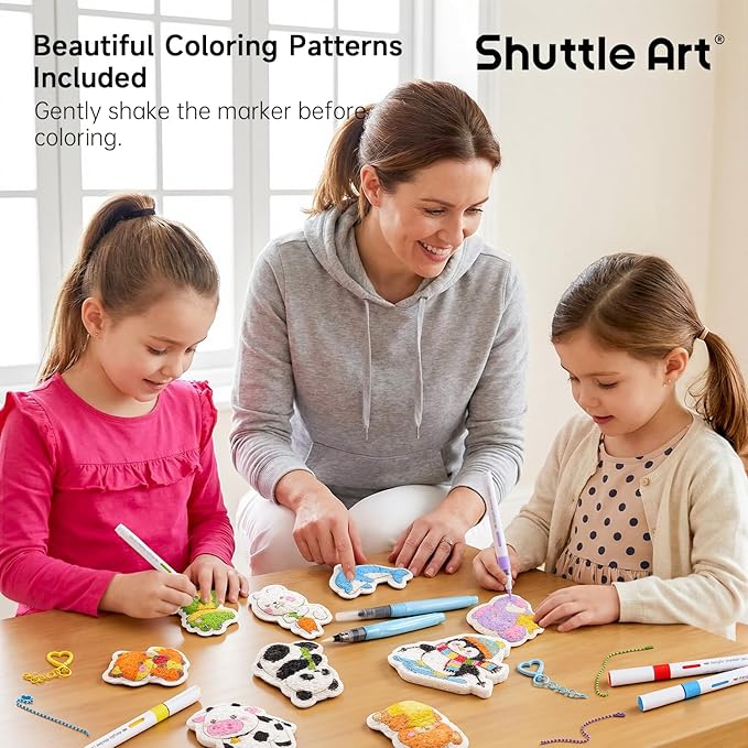 Shuttle Art 63 Pcs Magic Foam Texture Painting Kit – Animal Series: 15 Animal Foam Pieces, Coloring Book with 15 Scenes, 12 Acrylic Paint Markers, Magical 3D Effect DIY Art Craft
