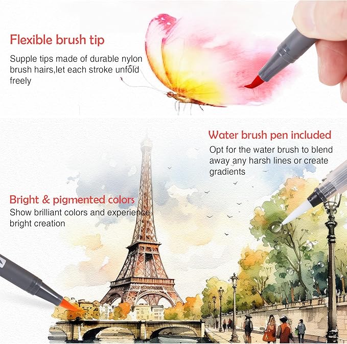 TOSHARE 24 Colors Blendable Watercolor Markers for Adults 2026 Professional Double Tip Paint Pens with 1 Water Brush Pen Water Based Coloring Pens Drawing Markers Set with Flexible Brush Tip