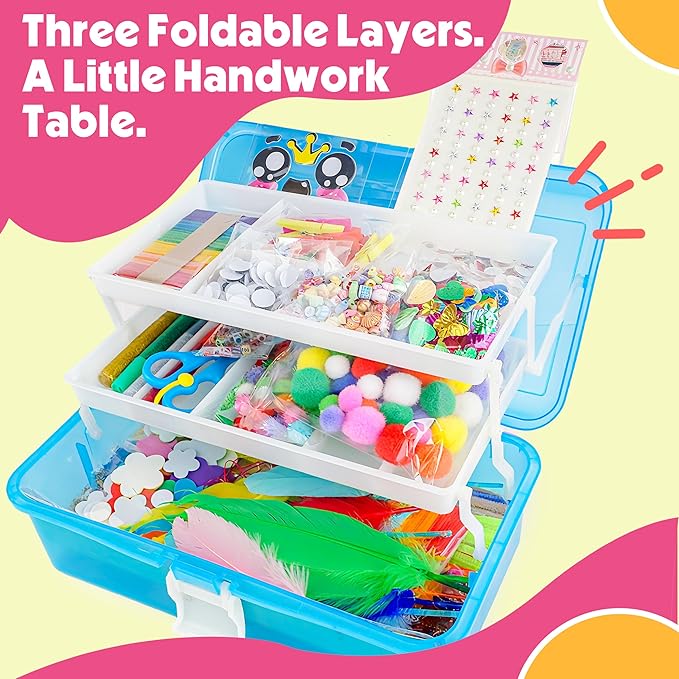 SMILESSKIDDO Arts Craft Supplies for Kids - 1000+ PCS Toddler DIY Craft Art Supply Set, Portable 3 Layered Folding Storage Box School Craft Projects - Gifts for Girls Ages 4-8, 8-12, Blue