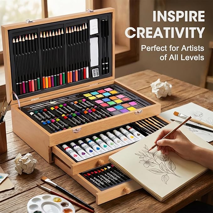 175-Pack Deluxe Wooden Art Set Drawing Painting Kit with 2 Drawing Pads, Acrylic Paints, Colored Pencils, Crayons, Paint Brush, Art Kit in Wooden Case, Gift for Artist, Adults, Teens and Kids