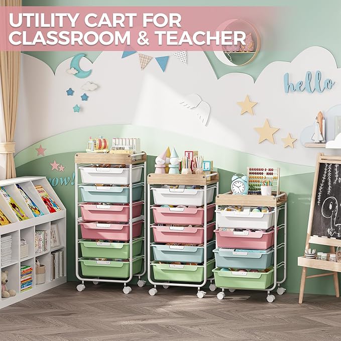 SYKIARIOL Rolling Storage Utility Cart with 4 Drawers,Kids Craft Art Cart,Makeup Organizer and Storage with Wooden Tabletop,Colorful