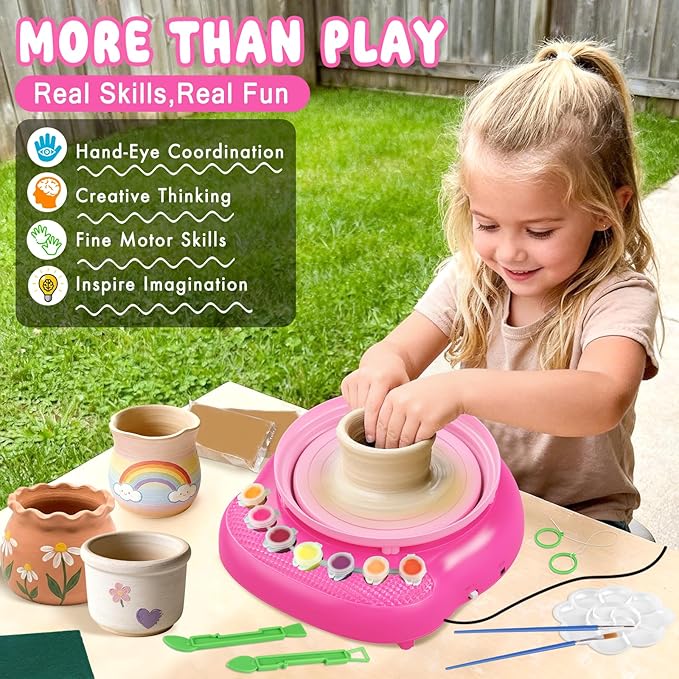 Pottery Wheel for Kids Complete DIY Pottery Painting Kit, Arts and Crafts for Kids Ages 8-12 with 3 Air-Dry Clay Packs and Tools, Art Supplies Toys Birthday Easter Gift for Boys Girls 6+ Years Old