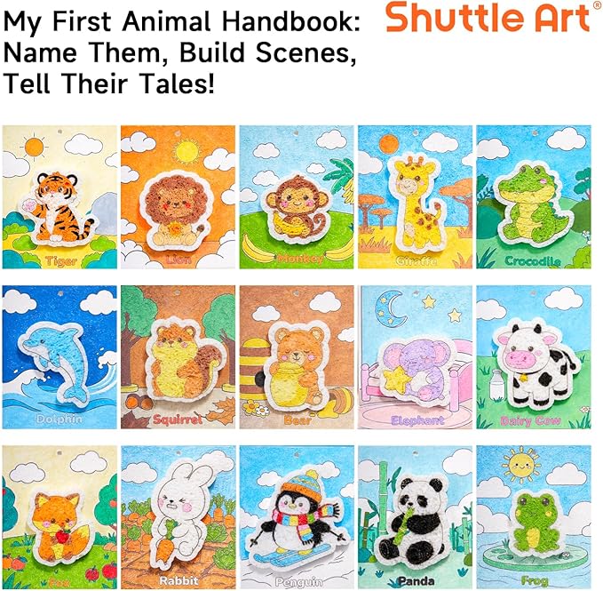 Shuttle Art 63 Pcs Magic Foam Texture Painting Kit – Animal Series: 15 Animal Foam Pieces, Coloring Book with 15 Scenes, 12 Acrylic Paint Markers, Magical 3D Effect DIY Art Craft