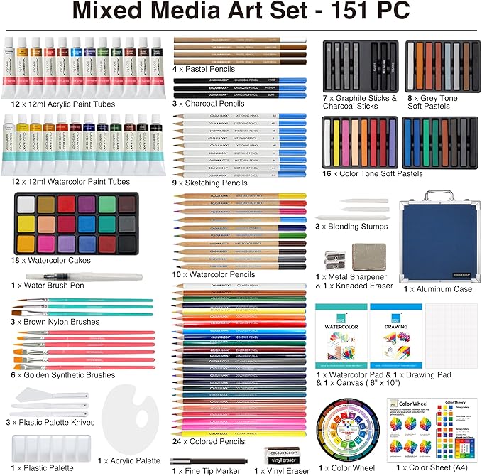 COLOUR BLOCK 151-Piece Professional Art Supply Set with Mixed Media, Paint Kit & Brushes in Aluminum Case, Complete Art Supplies for Adults, All Level Artists, Travel Art Set