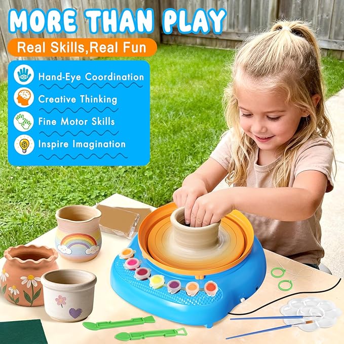 Pottery Wheel for Kids Complete DIY Pottery Painting Kit, Arts and Crafts for Kids Ages 8-12 with 3 Air-Dry Clay Packs and Tools, Art Supplies Toys Birthday Easter Gift for Boys Girls 6+ Years Old