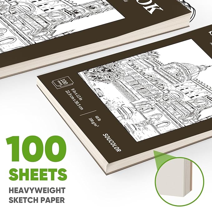 Soucolor 9" x 12" Sketch Book 100 Sheets, Acid Free (68lb/100gsm) Artist Drawing Paper Book Painting Sketching Pad, Classroom Must Haves Supplies for Teacher Student, Back to School Supplies