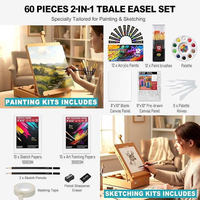 Beechwood Tabletop Easel Set for Painting, 60 Pieces 2-in-1 Art Supplies Specially Tailored for Painting & Sketching, Portable Adjustable Sketchbox Art Easel for Beginners and Art Lovers