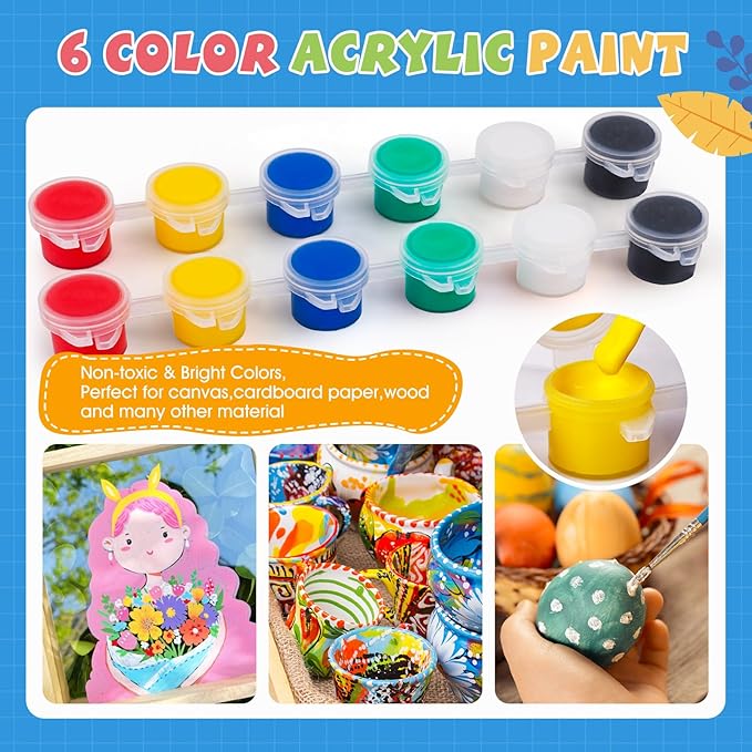 ESRICH 8 Set Mini Acrylic Paint Kit, 5in Mini Stretched Canvas with 7.5in Easel, Acrylic Paint Strips, Paint Palettes, Painting Brushes, Small Canvas and Easel Set for Kids Artists Beginner, Gift