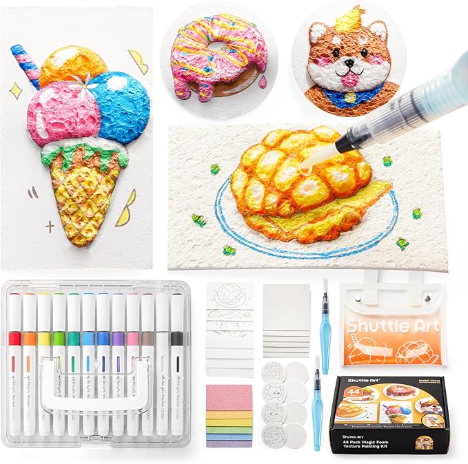 Shuttle Art 44 Pcs Magic Foam Texture Painting Kit, Including 28 Pcs Foam Texture Paper, 12 Colors Brush Tip Acrylic Paint Markers, Magical 3D Effect Painting Kit
